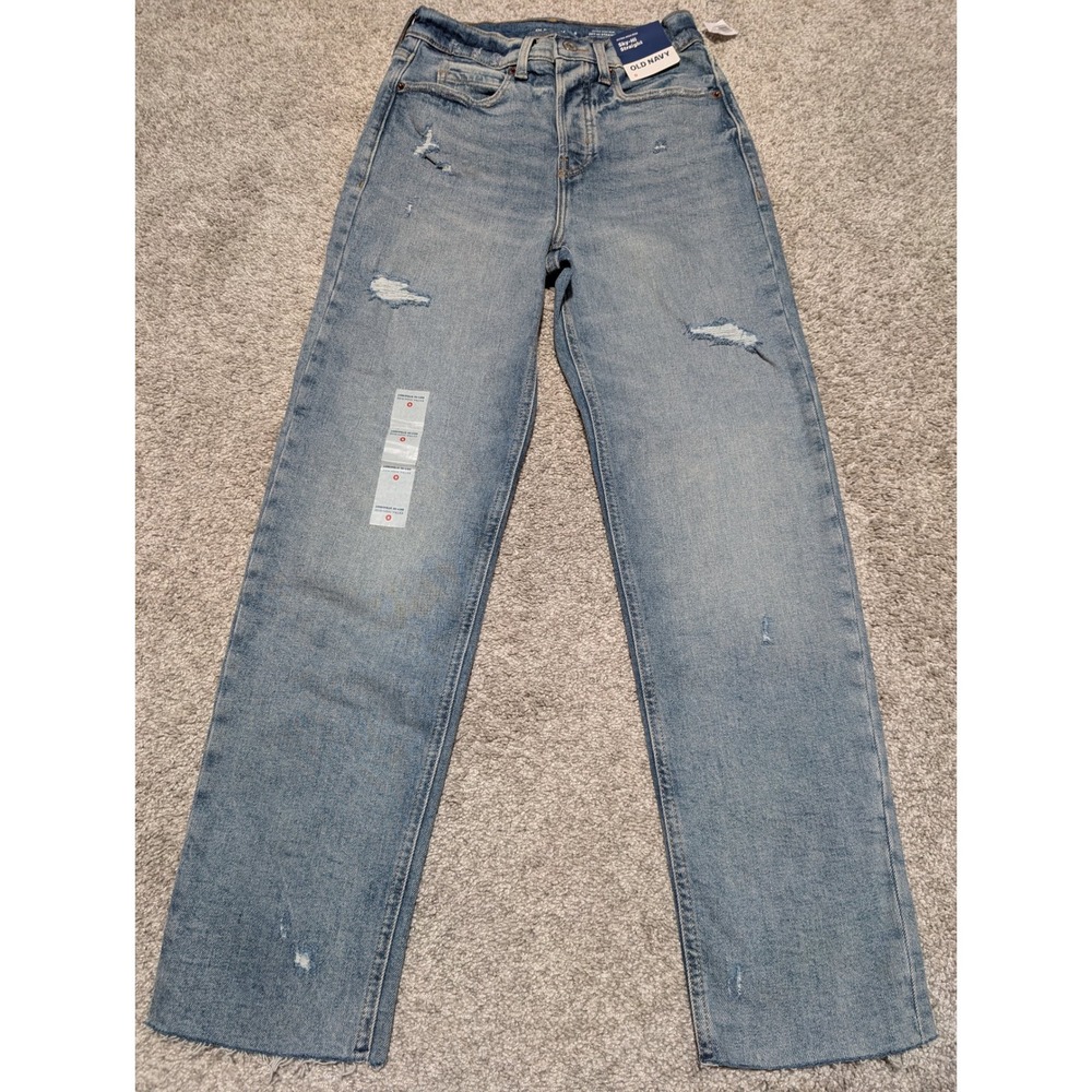 Old Navy Jeans Women 0 Blue Sky-Hi Straight Extra High Rise Distressed Raw Hem